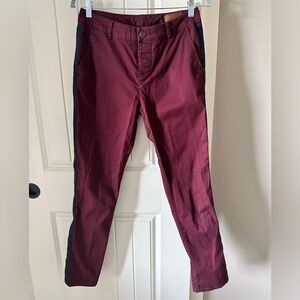 Men’s ASOS Burgundy Navy  Tuxedo Stripe Button Fly Slim Chino Pant Size 29/32R